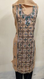 Cotton Kantha Stitch Long Kurti Material – Sand Beige Lattice
