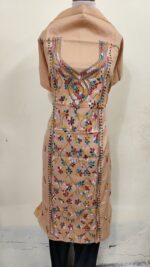 Cotton Kantha Stitch Long Kurti Material – Sand Beige Paisley Cascade