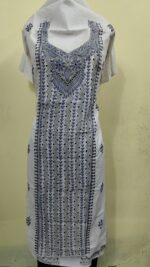 Cotton Kantha Stitch Long Kurti Material – Leaf Design  ( White Base ) - Image 2