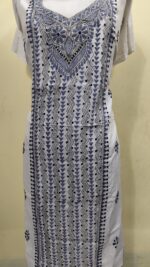 Cotton Kantha Stitch Long Kurti Material – Leaf Design  ( White Base ) - Image 3