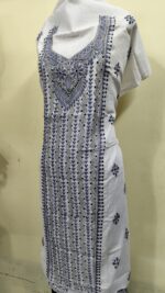 Cotton Kantha Stitch Long Kurti Material – Leaf Design  ( White Base ) - Image 4