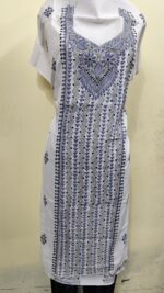 Cotton Kantha Stitch Long Kurti Material – Leaf Design  ( White Base )