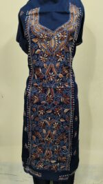 Cotton Kantha Stitch Long Kurti Material – Leaf Design  ( Navy blue )