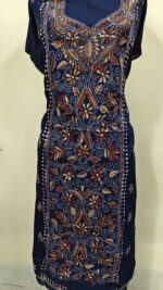 Cotton Kantha Stitch Long Kurti Material – Leaf Design  ( Navy blue ) - Image 4