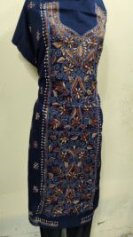 Cotton Kantha Stitch Long Kurti Material – Leaf Design  ( Navy blue ) - Image 3