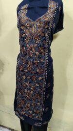 Cotton Kantha Stitch Long Kurti Material – Leaf Design  ( Navy blue ) - Image 2