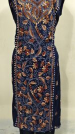 Cotton Kantha Stitch Long Kurti Material – Creeping Leaf Design  ( Navy blue ) - Image 3