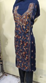 Cotton Kantha Stitch Long Kurti Material – Creeping Leaf Design  ( Navy blue ) - Image 4