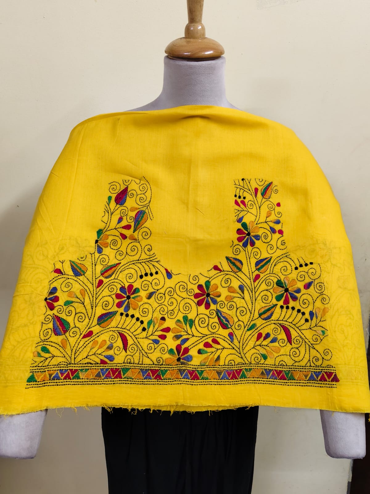 WhatsApp Image 2026-04-10 at 10.49.51 AM (2) Yellow Cotton Kantha Stitch Blouse Material - Vine Leaf Design - Image 1
