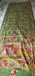 Handcrafted Kantha Stitch Art Silk Saree – Geometric & Paisley Motifs on Green