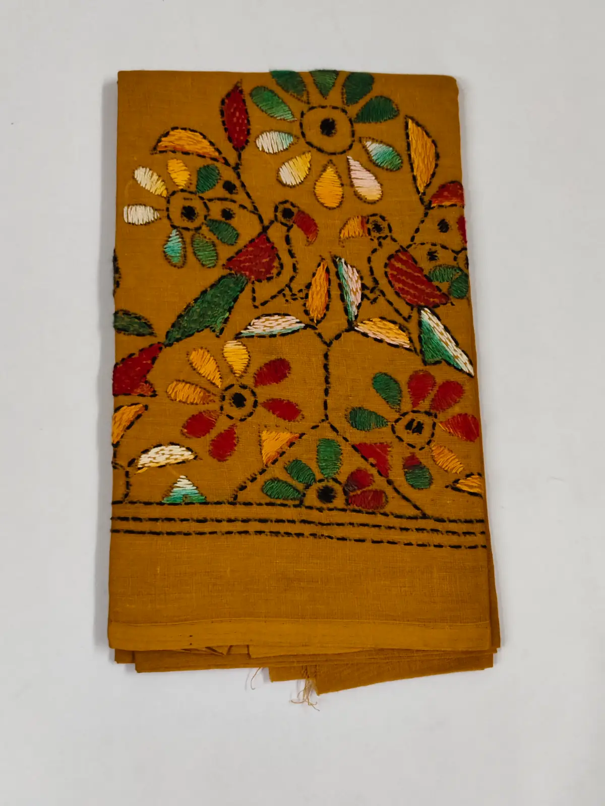 1000854986.webp Cotton Mustard Yellow Kantha Stitch Blouse Piece - Bird motif design - Image 1