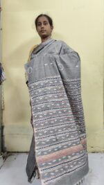 Bengal Kantha Stitch Khadi Pure Cotton Saree – Silver color - Image 3