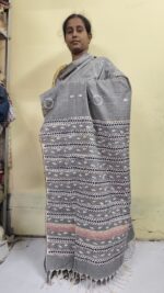 Bengal Kantha Stitch Khadi Pure Cotton Saree – Silver color - Image 4