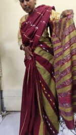 Maroon Bengal Kantha Stitch Khadi Pure Cotton Saree - For Women - Image 4