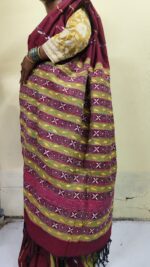 Maroon Bengal Kantha Stitch Khadi Pure Cotton Saree - For Women - Image 3