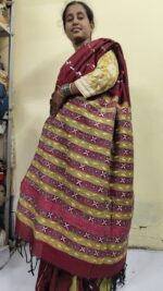 Maroon Bengal Kantha Stitch Khadi Pure Cotton Saree - For Women - Image 2