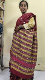 Maroon Bengal Kantha Stitch Khadi Pure Cotton Saree - For Women - Image 8