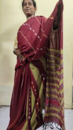 Maroon Bengal Kantha Stitch Khadi Pure Cotton Saree - For Women