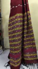 Maroon Bengal Kantha Stitch Khadi Pure Cotton Saree - For Women - Image 7