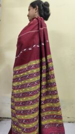 Maroon Bengal Kantha Stitch Khadi Pure Cotton Saree - For Women - Image 6