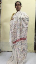 White Bengal Kantha Stitch Khadi Pure Cotton Saree - For Women - Image 6