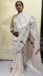 White Bengal Kantha Stitch Khadi Pure Cotton Saree - For Women