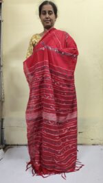 Red Bengal Kantha Stitch Khadi Pure Cotton Saree - For Women and girls - Image 6