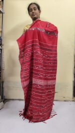 Red Bengal Kantha Stitch Khadi Pure Cotton Saree - For Women and girls - Image 4