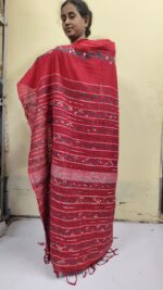 Red Bengal Kantha Stitch Khadi Pure Cotton Saree - For Women and girls - Image 3