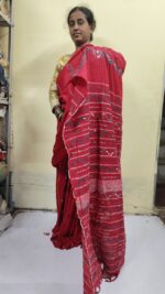 Red Bengal Kantha Stitch Khadi Pure Cotton Saree - For Women and girls - Image 2