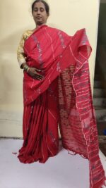 Red Bengal Kantha Stitch Khadi Pure Cotton Saree - For Women and girls - Image 5