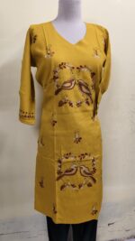 Cotton Kantha Stitch Long Kurti for ladies Mustard yellow