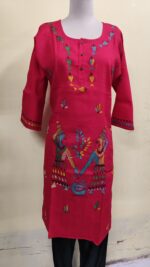 Handcrafted Cotton Kantha Stitch Long Kurti for ladies Red - Image 4