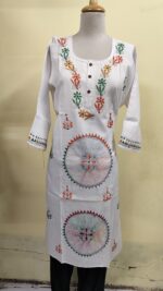 Handcrafted White Cotton Kantha Stitch Long Kurti for ladies