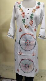 Handcrafted White Cotton Kantha Stitch Long Kurti for ladies - Image 4