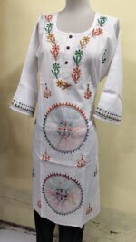 Handcrafted White Cotton Kantha Stitch Long Kurti for ladies - Image 3