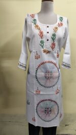 Handcrafted White Cotton Kantha Stitch Long Kurti for ladies - Image 2