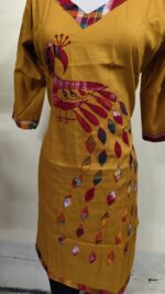 Handmade Mustard yellow Cotton Kurti for Women — Ethnic Cotton Kurti with Peacock Design - Image 4