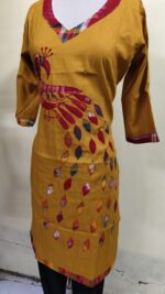 Handmade Mustard yellow Cotton Kurti for Women — Ethnic Cotton Kurti with Peacock Design - Image 3