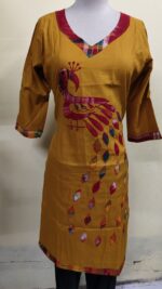 Handmade Mustard yellow Cotton Kurti for Women — Ethnic Cotton Kurti with Peacock Design