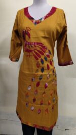 Handmade Mustard yellow Cotton Kurti for Women — Ethnic Cotton Kurti with Peacock Design - Image 2