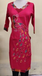 Handmade Light Red Cotton Kurti for Women — Ethnic Cotton Kurti with Peacock Design - Image 3