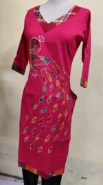 Handmade Light Red Cotton Kurti for Women — Ethnic Cotton Kurti with Peacock Design - Image 4