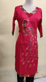 Handmade Light Red Cotton Kurti for Women — Ethnic Cotton Kurti with Peacock Design