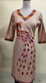 Handmade biscuit colour Cotton Kurti for Women — Ethnic Cotton Kurti with Peacock Design - Image 2