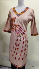 Handmade biscuit colour Cotton Kurti for Women — Ethnic Cotton Kurti with Peacock Design - Image 3