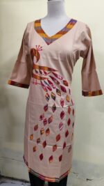 Handmade biscuit colour Cotton Kurti for Women — Ethnic Cotton Kurti with Peacock Design - Image 3