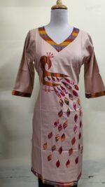 Handmade biscuit colour Cotton Kurti for Women — Ethnic Cotton Kurti with Peacock Design - Image 4