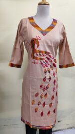 Handmade biscuit colour Cotton Kurti for Women — Ethnic Cotton Kurti with Peacock Design - Image 5