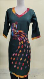 Handmade Deep green Cotton Kurti for Women — Ethnic Cotton Kurti with Peacock Design